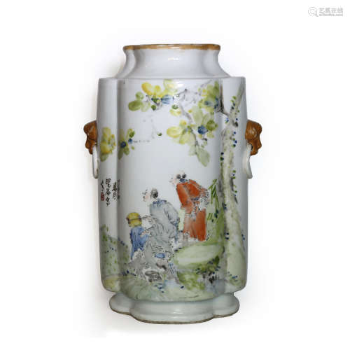 Famille Rose 'Figural' Porcelain Quadrilobe Vase