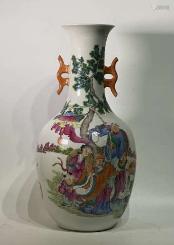Famille Rose 'Figural' Double-Eared Porcelain Vase