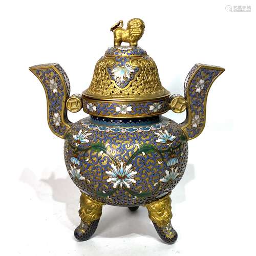 Cloisonne Enamel and Gilt Tripod Censer With Mark