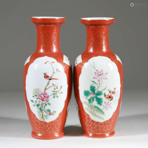 Chinese Red-Ground Vases with Famille Rose Panels