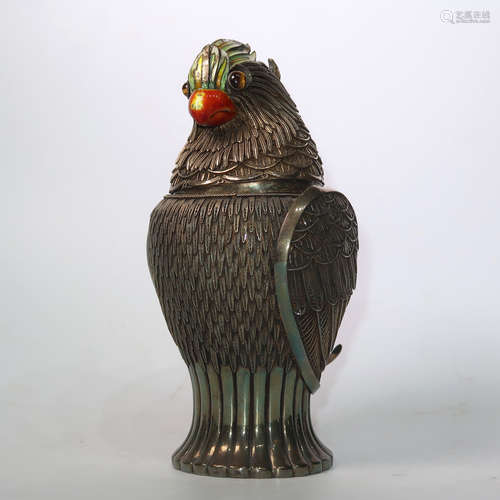 Enamelld 'Parrot' Silver Lidded Container, Marked