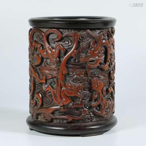 A Chinese Carved Boxwood Brush Pot