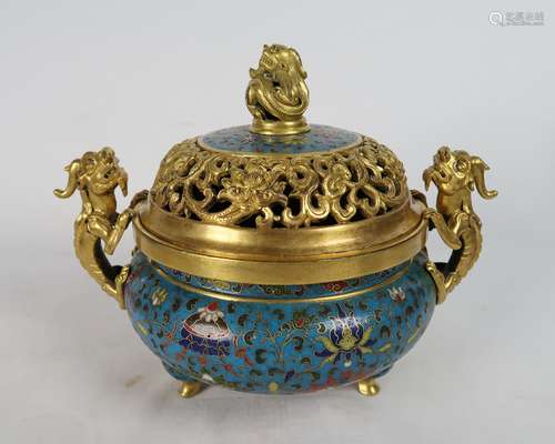 Cloisonne Enamel and Gilt Tripod Censer With Mark