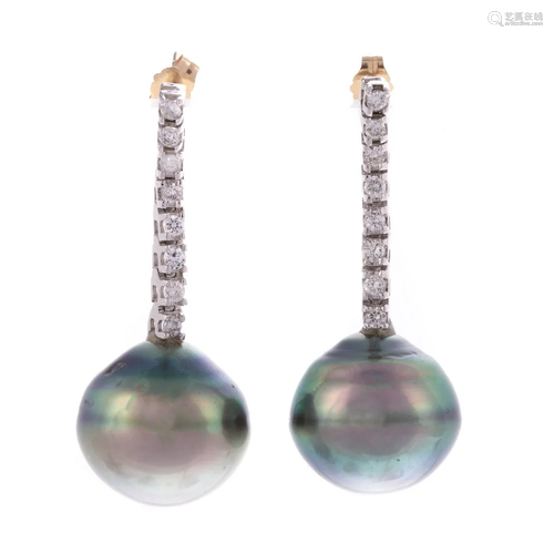 A Pair of Tahitian Pearl & Diamond Earrings in 14K