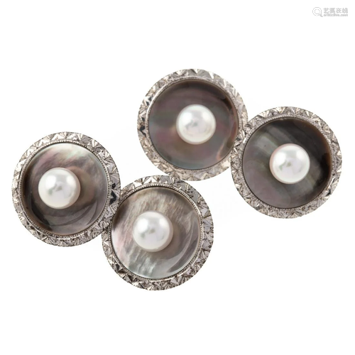 A Pair of Mikimoto Pearl Cufflinks in Silver