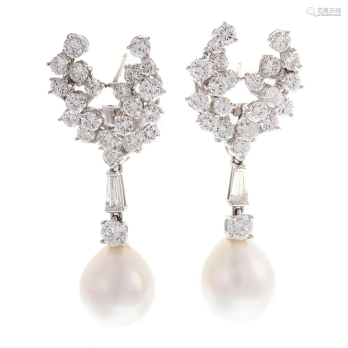 A Pair of 14K South Sea Pearl & Diamond Earrings