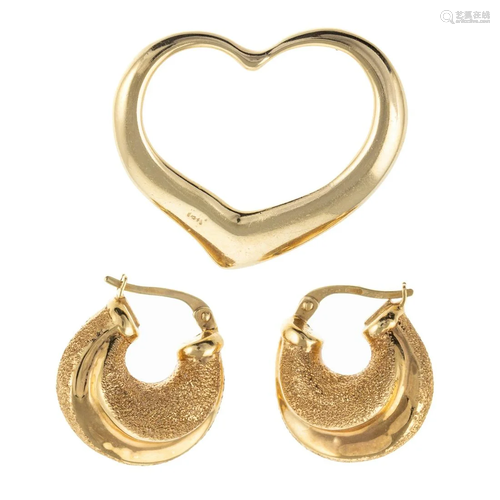 A 14K Open Heart Pendant & 18K Hoop Earrings