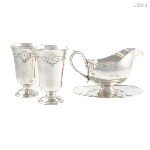 Pair Arthur Stone Sterling Goblets & Sauceboat