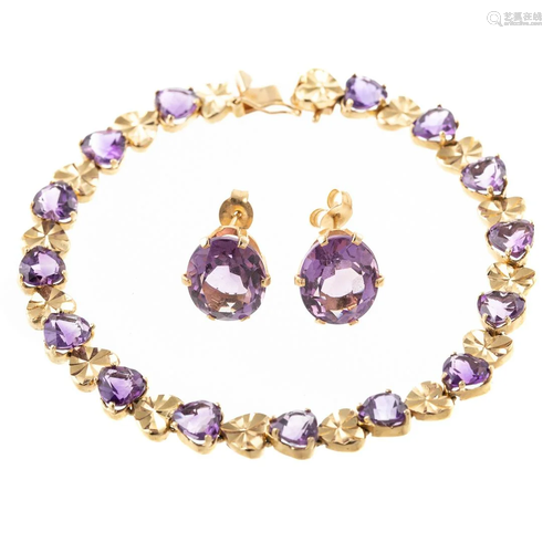 A Bracelet with Amethyst Hearts & Earrings