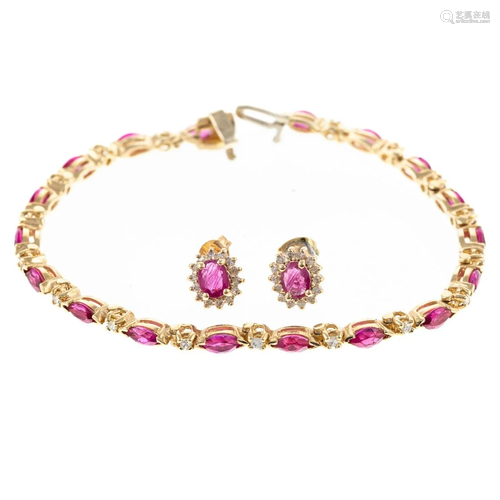 A Ruby & Diamond Bracelet & Earrings in 14K