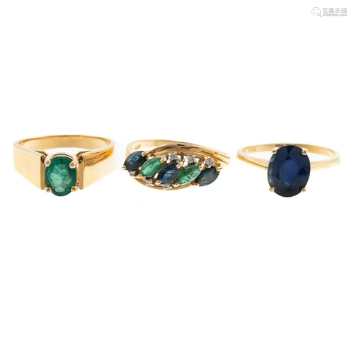 A Trio of Sapphire & Emerald Rings in 14K