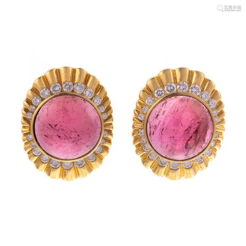 A Pair of 18K Pink Tourmaline & Diamond Ear Clips