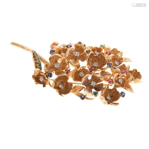 A Large Floral Bouquet Gemstone Brooch in 18K