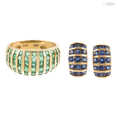 A Wide Emerald Band with Sapphire Earrings in 14K