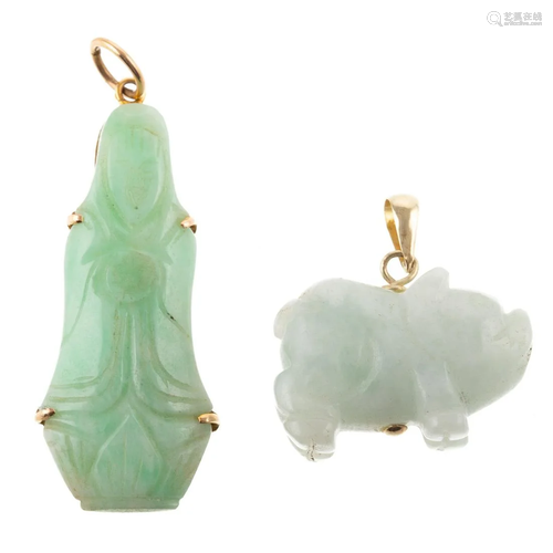 A Pair of Carved Jade Pendants in 14K