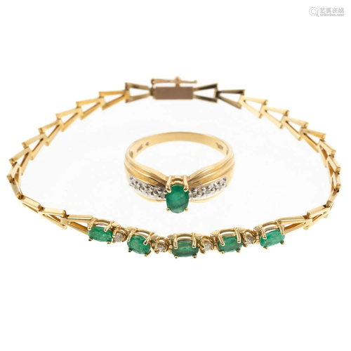 An Emerald & Diamond Ring & Bracelet in 14K