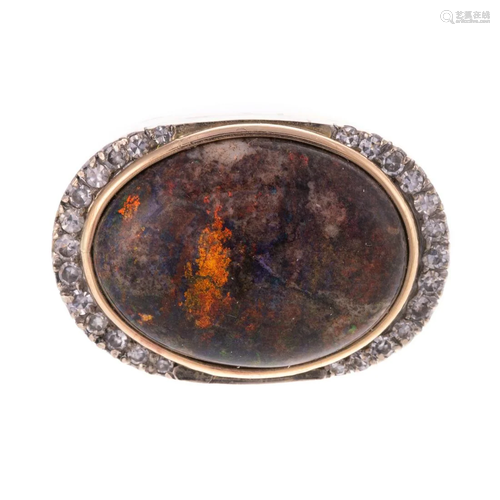 A Cabochon Black Opal & Diamond Ring in 14K