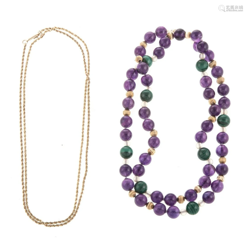 An Amethyst & Malachite Necklace & Chain in 14K