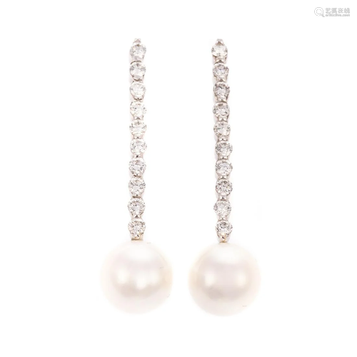 A Pair of Pearl & Diamond Drop Earrings in 14K