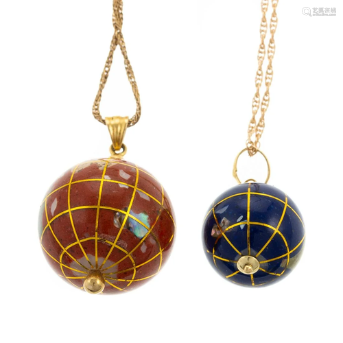 A Pair of Enamel Globe Charms on 14K Chains