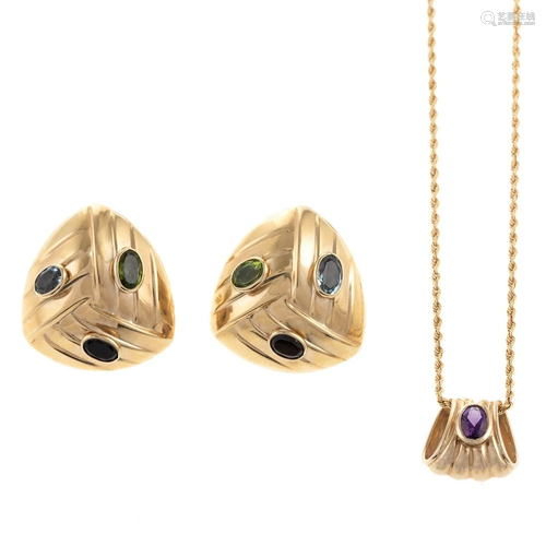 A Pair of Gemstone Earrings & Pendant in 14K