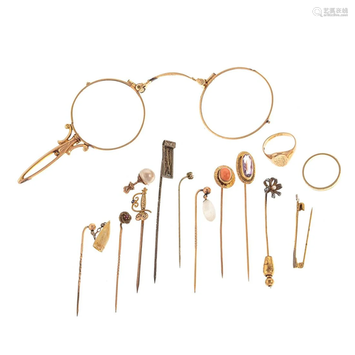 A Collection of Stick Pins, Eyeglasses & Ring