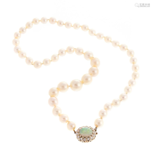 A Strand of Pearls with Opal & Diamond Clasp