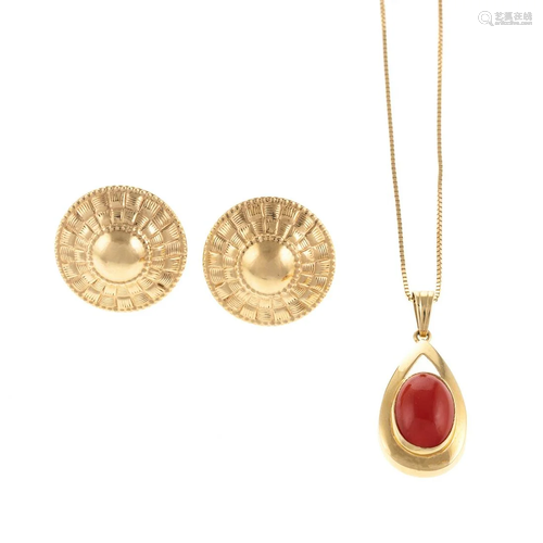 An 18K Coral Pendant & Pair of 14K Earrings