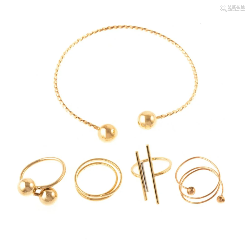A 14K Cuff Bracelet & Assorted Rings in Gold
