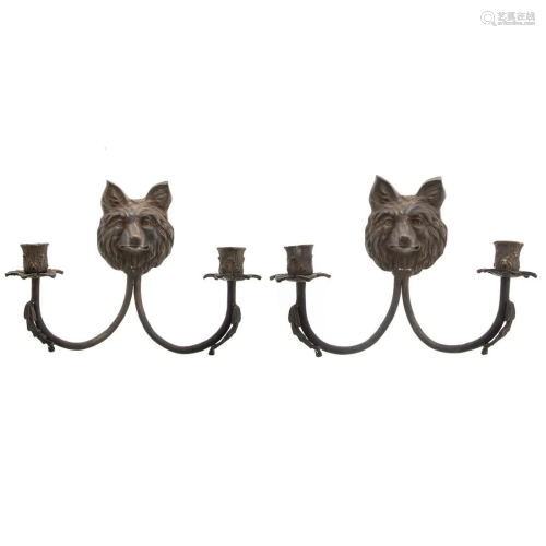 Pair of Wolf Head Bronze Two Light Sconces
