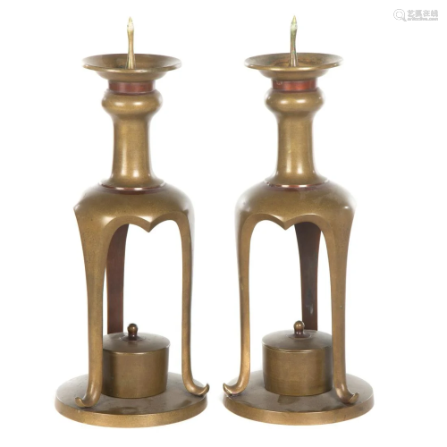 Pair Oriental Bronze Pricket Temple Candlesticks
