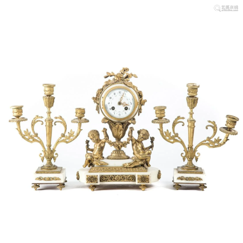 Napoleon III Gilt Bronze/Marble Clock Garniture