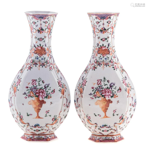 Pair of Chinese Export Famille Rose Paneled Vases