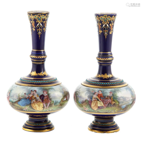 Pair Sevres Bleu de Roi Porcelain Bottle Vases