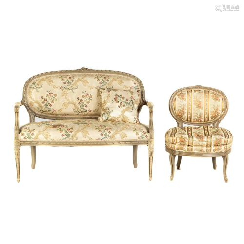 Louis XV Style Painted Wood Settee & Chair