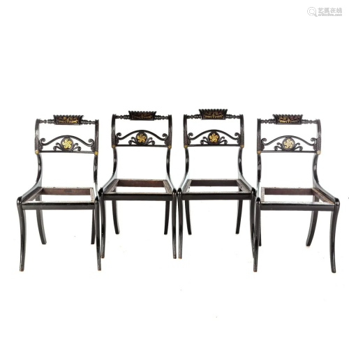 Four Regency Ebonized & Brass Inlaid Side Chairs