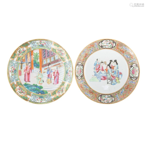Two Chinese Export Rose Mandarin Plates