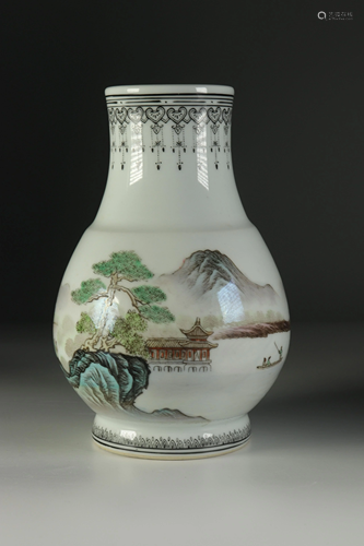 Porcelain vase, landscape decoration. Mid-twentieth