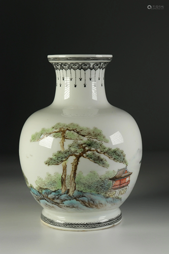 Porcelain vase, landscape decoration. Mid-twentieth