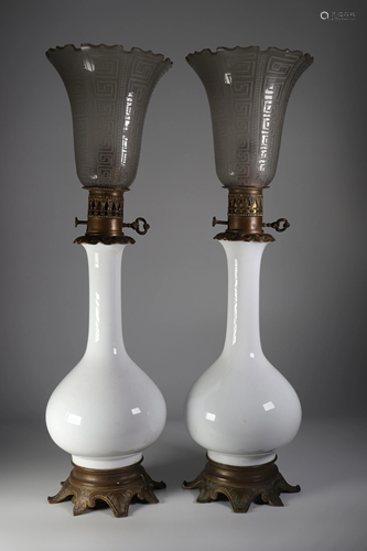 Large pair of Empire period opaline lamps