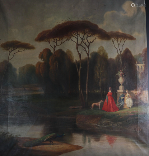 Important oil on canvas decorative romantic scene.