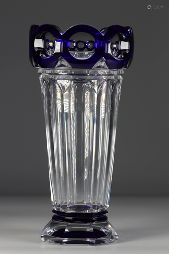 Val Saint Lambert crystal vase, Art Deco blue lining