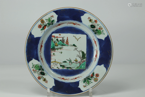 China family green powdered blue plate with landscape