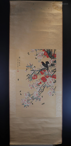 China: hanging scroll painting on paper with birds on