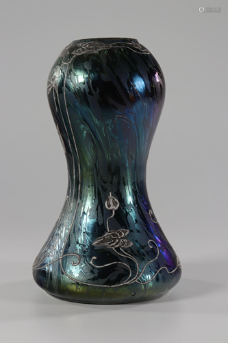 Loetz vase decorated with Art Nouveau silver mesh