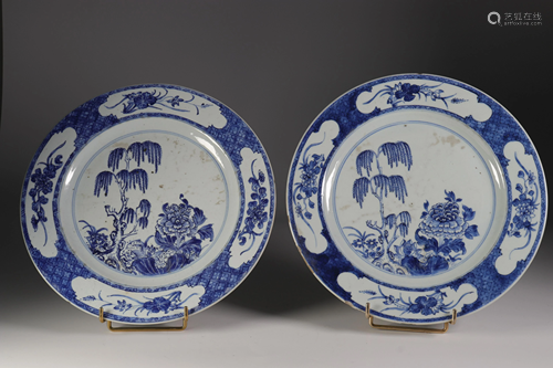 Pair of blanc-bleu porcelain plates, 18th century