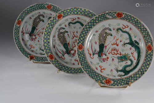 Set of three porcelain dragon phoenix plates, China