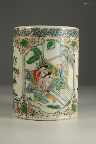 Famille verte porcelain brush pot. 19th century China.