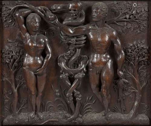 PANNEAU en chêne sculpté en fort relief représenta…