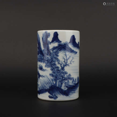 A blue and white 'figure' pen container